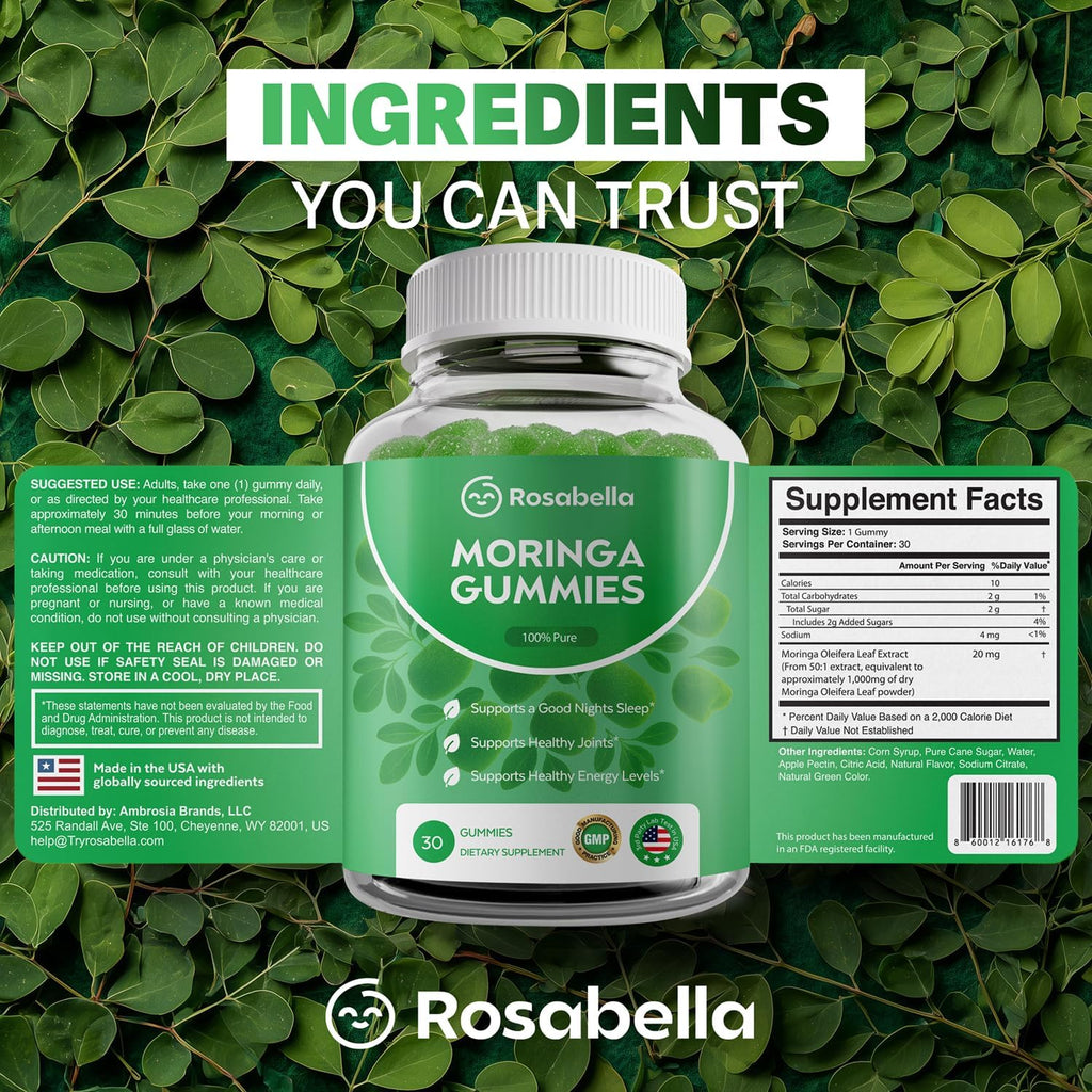 Buy now Rosabella Moringa Gummies â€“ Moringa Leaf Extract 1000mg Equivalent Per Serving â€“ Natural Energy & Balance â€“ Non-GMO, Gluten-Free Superfood Gummies for Women & Men â€“ 30 Count at indiglob india