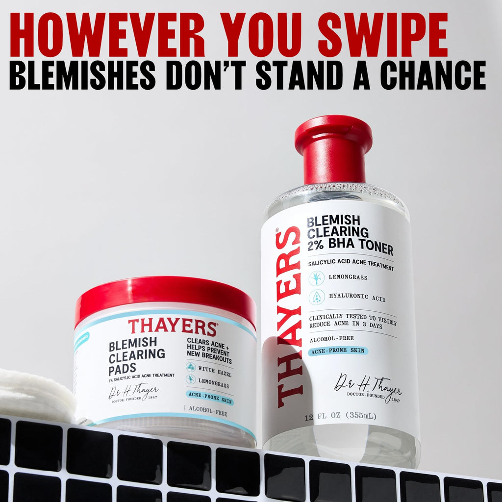 Thayers Blemish Clearing Acne Pads, Salicylic Acid Acne Treatment for Face, Pore Reducing, Exfoliating, and Soothing Skincare, Witch Hazel Toner Pads, 60 Ct
