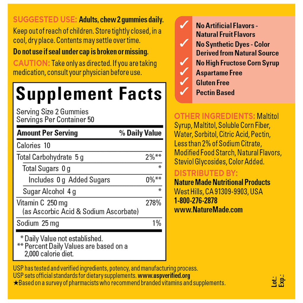 Nature Made Zero Sugar Vitamin C Gummies 250 mg per Serving, 100 Gummies | Sugar Free Vitamin C Gummies for Immune and Antioxidant Support, Aspartame Free, Orange Citrus Flavor, 50 Day Supply