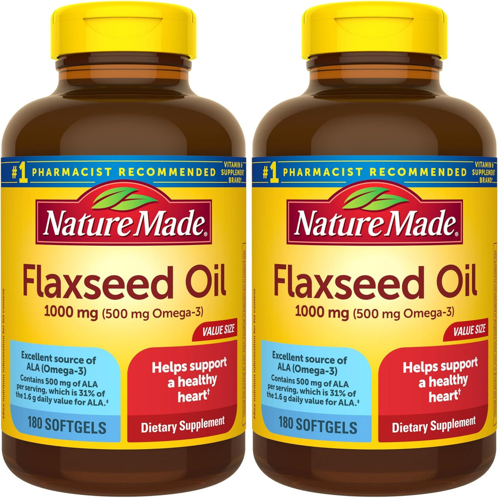 Nature Made Flaxseed Oil 1000 mg Softgels, 180 Softgels | Fish Free Omega 3 Supplement, Dietary Supplement for Heart Health Support, 180 Day Supply