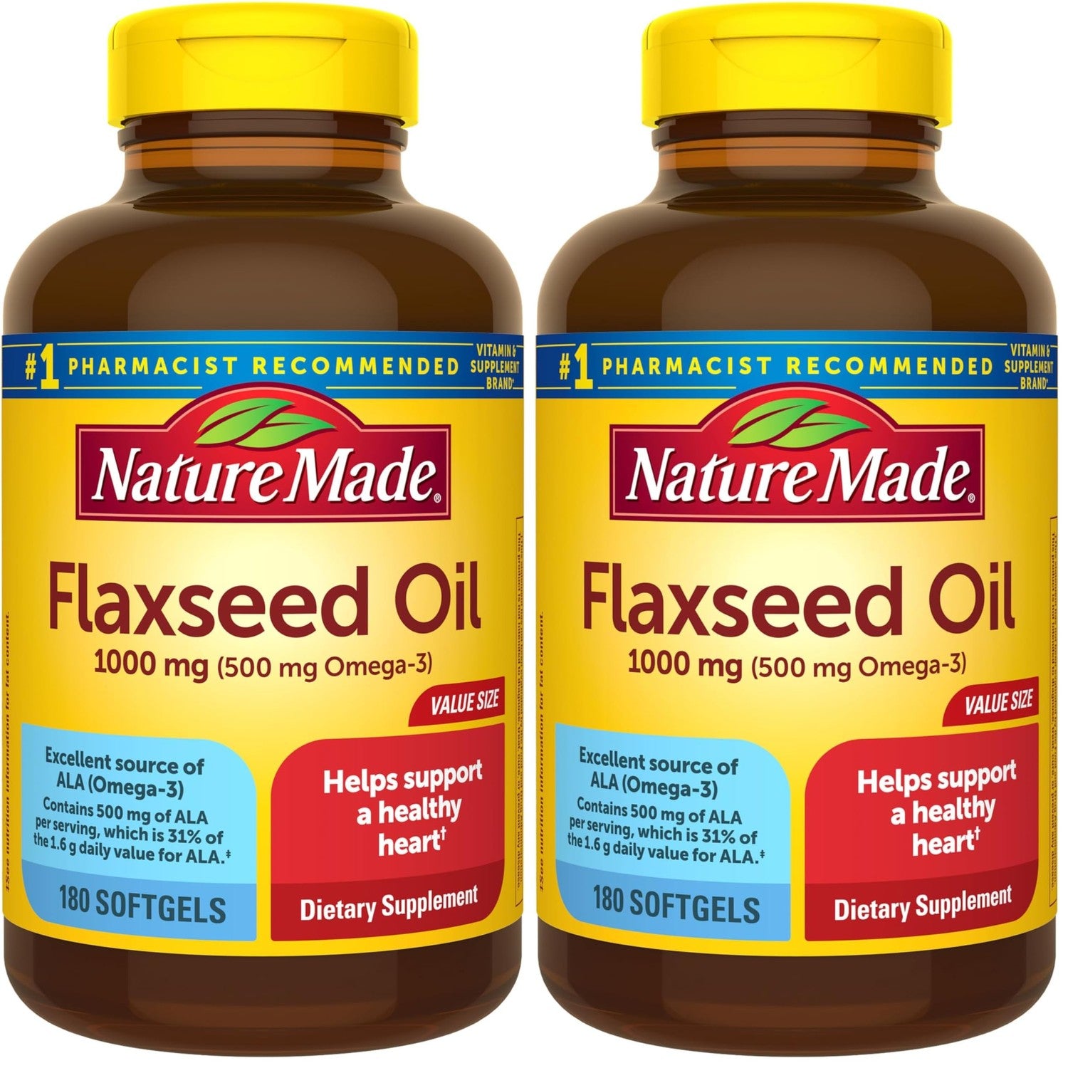 Nature Made Flaxseed Oil 1000 mg Softgels, 180 Softgels | Fish Free Omega 3 Supplement, Dietary Supplement for Heart Health Support, 180 Day Supply