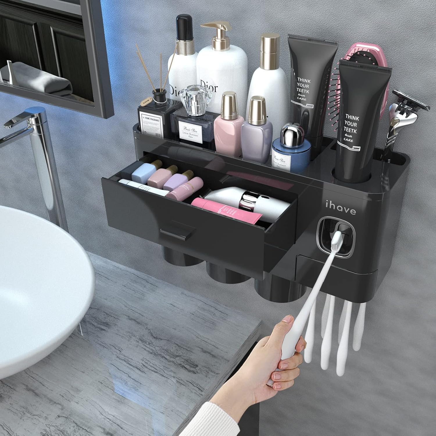 Buy now iHave Toothbrush Holders for Bathrooms, 4 Cups Toothbrush Holder Wall Mounted with Toothpaste Dispenser - Large Capacity Tray, 2 Cosmetic Drawer - Bathroom Organizer & Bathroom Accessories Set 3 cup Black at indiglob india