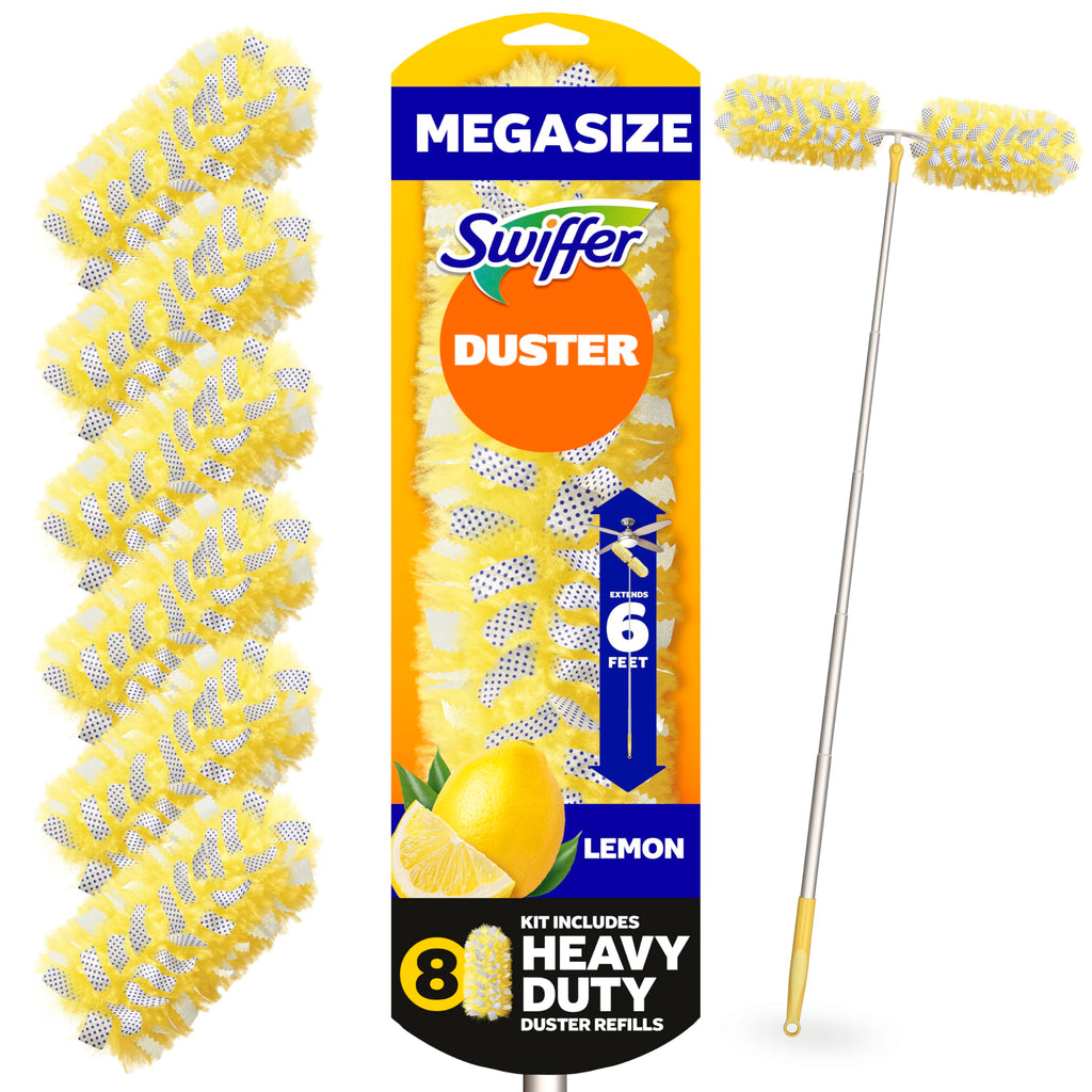 Swiffer Duster Kit with 6 ft Super Extendable Handle, Heavy Duty Starter Kit with 8 Refills, Lemon Scent