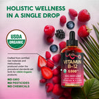 USDA Organic Vitamin B12 Sublingual Drops - Methylcobalamin 5000 mcg - 2 Oz | Vitamin B12 for Women & Men - Energy Boost, Focus & Brain Support - Bioavailable - Berry Flavor, Sugar-Free - 60-Day Supply