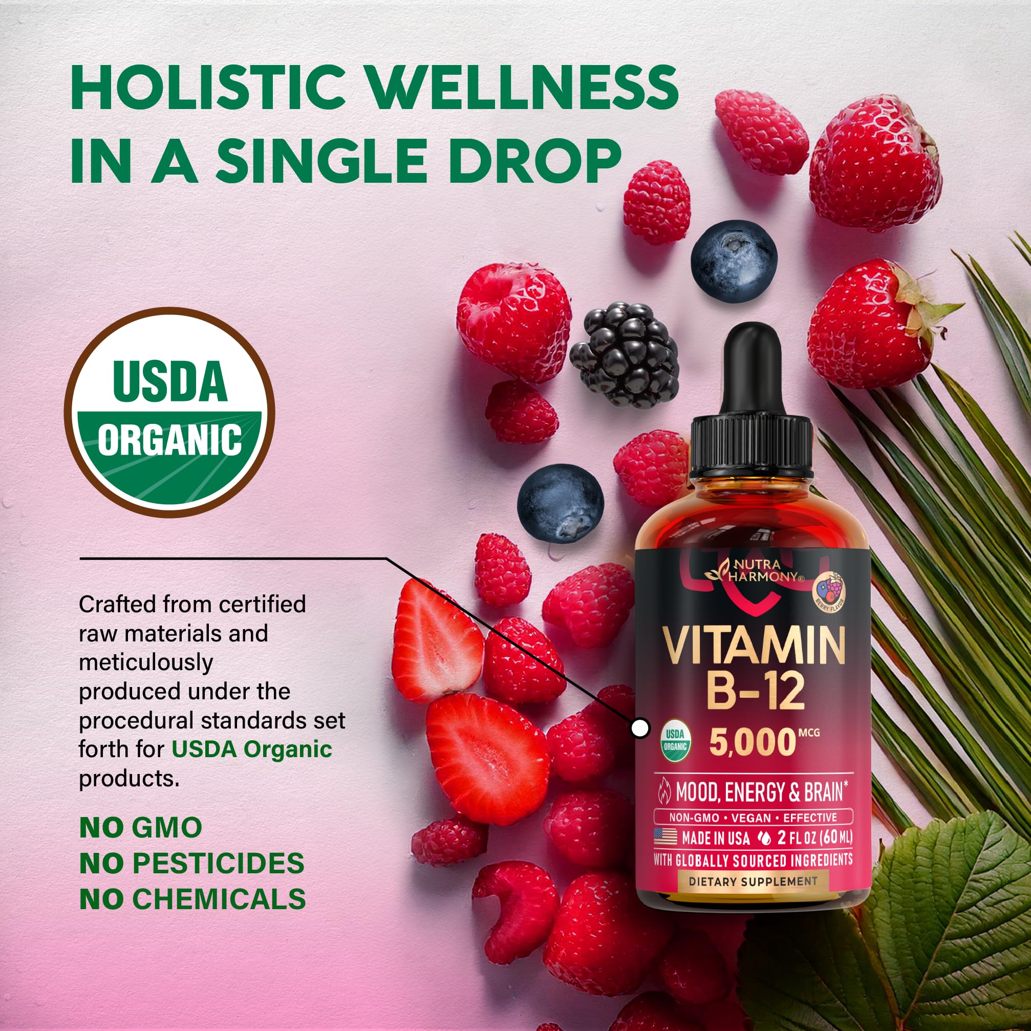 USDA Organic Vitamin B12 Sublingual Drops - Methylcobalamin 5000 mcg - 2 Oz | Vitamin B12 for Women & Men - Energy Boost, Focus & Brain Support - Bioavailable - Berry Flavor, Sugar-Free - 60-Day Supply