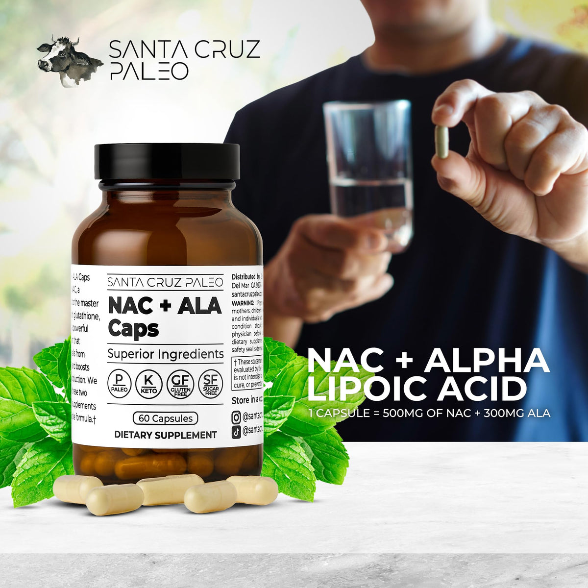Santa Cruz Paleo, NAC + ALA Caps, NAC Supplement and Antioxidant Complex with Alpha Lipoic Acid and N-Acetyl Cysteine, Cellular Support and Nutrient Balance, Gluten Free, Keto, Paleo, 60 Capsules