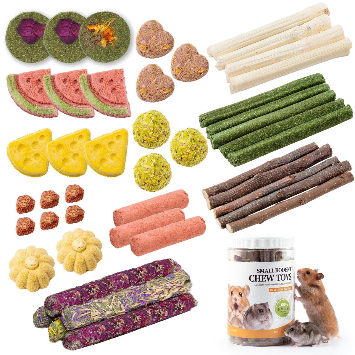 45 PCS Hamster Chew Toys, Natural Boredom Relief and Teeth Trimming Toys to Prevent Dental Overgrowth and Relieve Stress, for Syrian Dwarf Hamsters, Fancy Rats, Mice, Gerbils, Omnivorous Pocket Pets