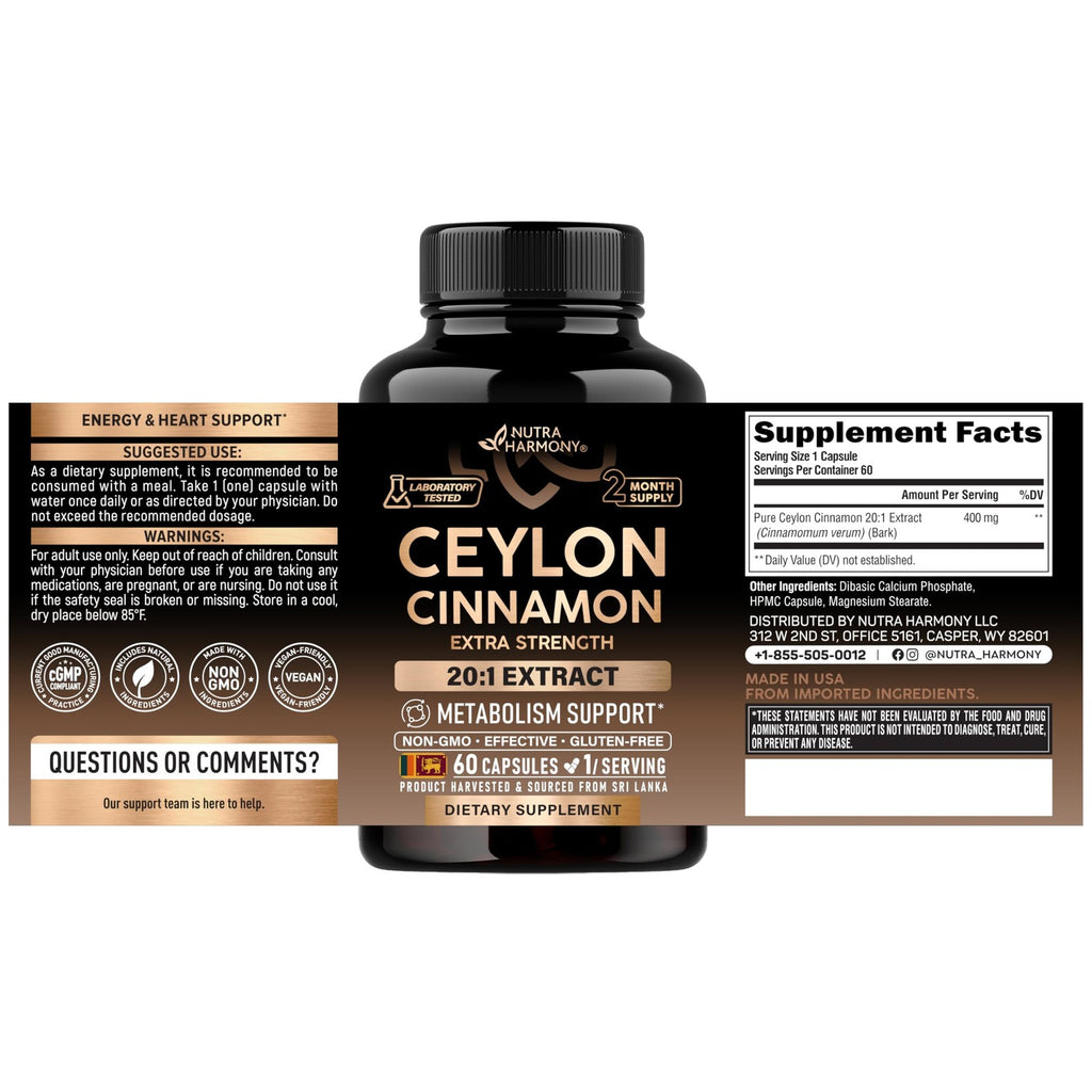 Ceylon Cinnamon Capsules - Energy Heart & Metabolism Support - 60 Capsules | Pure Natural Cinnamon Supplement for Men & Women - Extra Strenght 20:1 Extract - GMO & Gluten-Free - 2-Month Supply