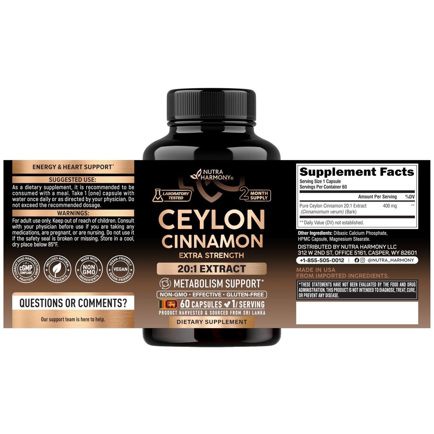 Ceylon Cinnamon Capsules - Energy Heart & Metabolism Support - 60 Capsules | Pure Natural Cinnamon Supplement for Men & Women - Extra Strenght 20:1 Extract - GMO & Gluten-Free - 2-Month Supply