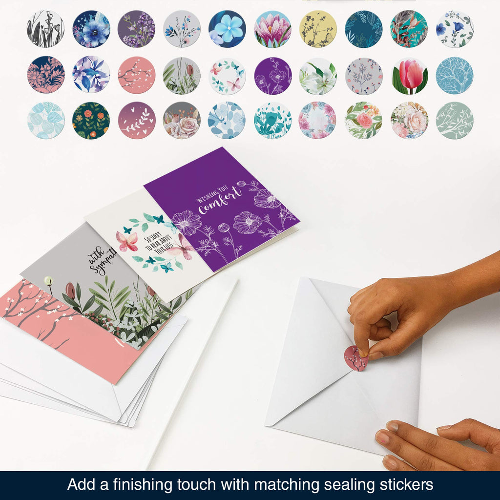 Dessie 30 Unique Sympathy Cards With Greetings Inside. 30 Different, Large Greeting Cards With Envelopes and Matching Sealing Stickers. Includes Sturdy Storage Box.