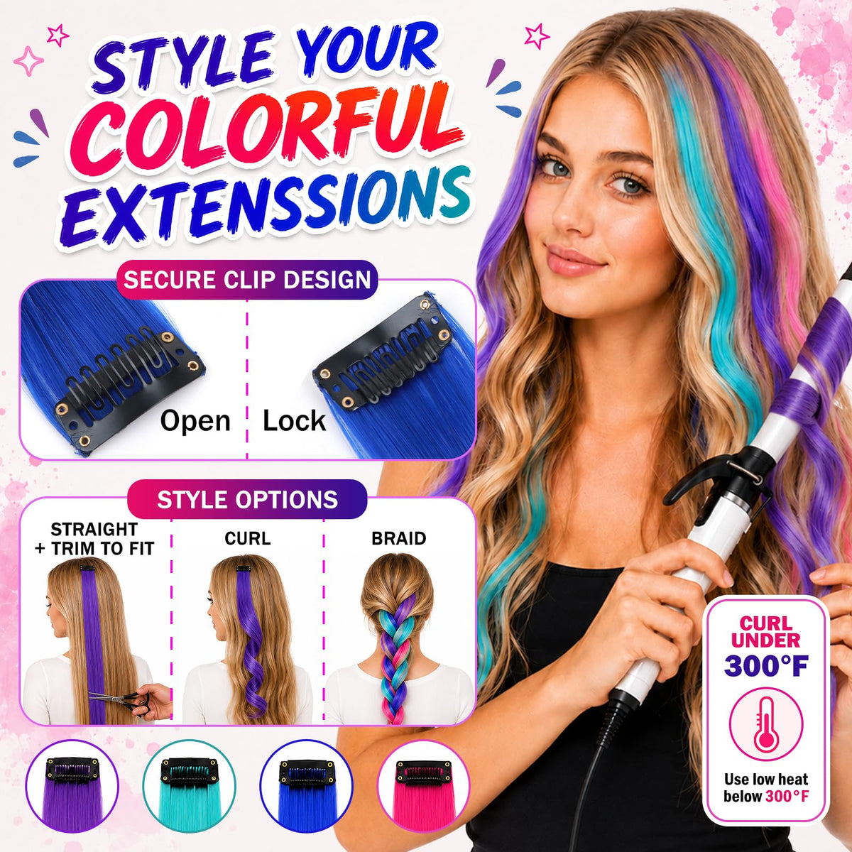 Jim&Gloria Dustless Hair Chalk for Girls Washable with Clip in Hair Extensions, Brushes and Glitters, Temporary Color Dye, Gifts for Teen Girl Trendy Stuff, Teenage 7 8 9 10 11 12 13 14 Year Old