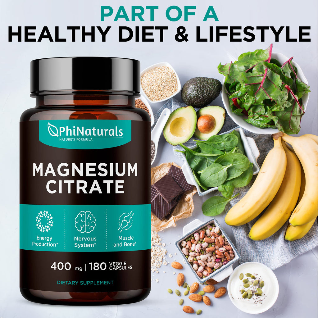 Magnesium Citrate Powder Capsules 400mg - 180 Count Veg Caps - PhiNaturals | Nervous system & Muscle Support · 400 mg High-absorption Mag Citrate Pills · Non-GMO Vegan Capsules - Citrato de Magnesio