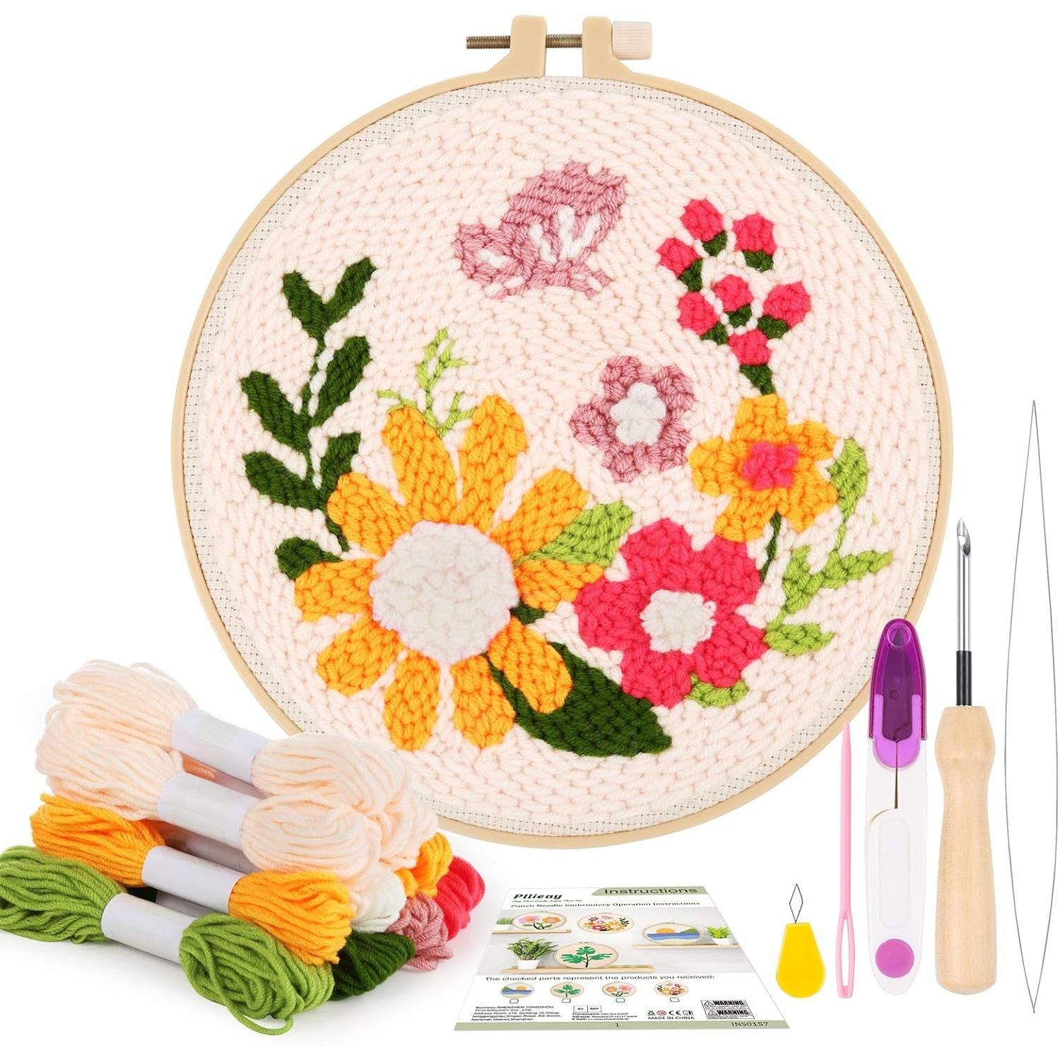 Buy now Pllieay Punch Needle Embroidery Starter Kits for Kids and Adults Beginners, Include Instructions, Punch Needle Fabric with Floral Pattern, Yarns, Embroidery Hoops and Threader Tools 1 Style at indiglob india