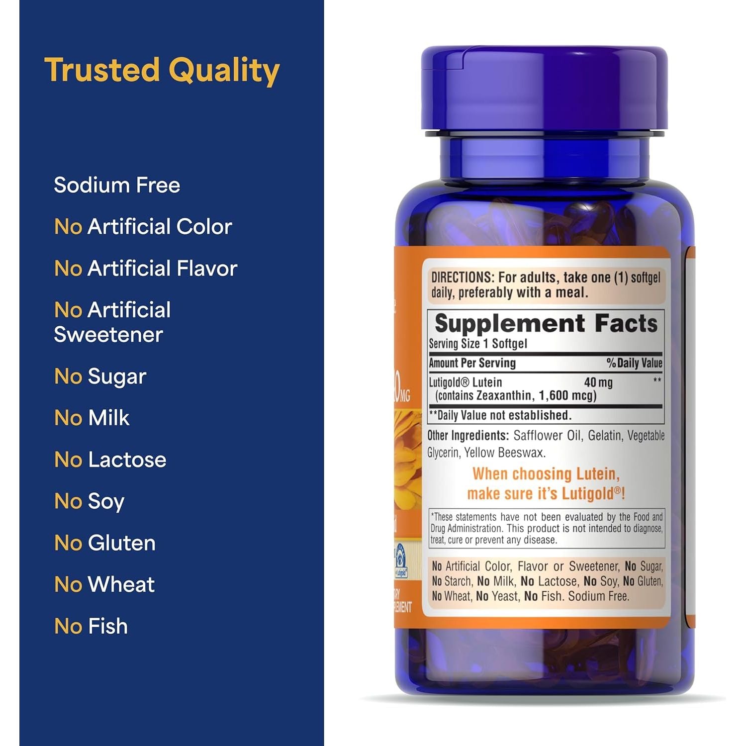 Buy now Puritan's Lutigold Lutein 40mg Zeaxanthin 1600 mcg 60 Softgels Free USA Shipping at indiglob india
