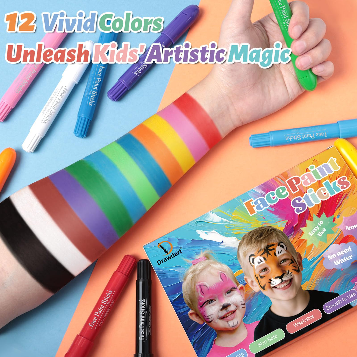 Drawdart Face Painting Kit for Kids, 12Pcs XL Face and Body Paint Crayons| 12 Vibrant Colors Safe and Washable Face Paint Sticks for Adults Kids Party, Halloween Makeup, School Event, Cosplay