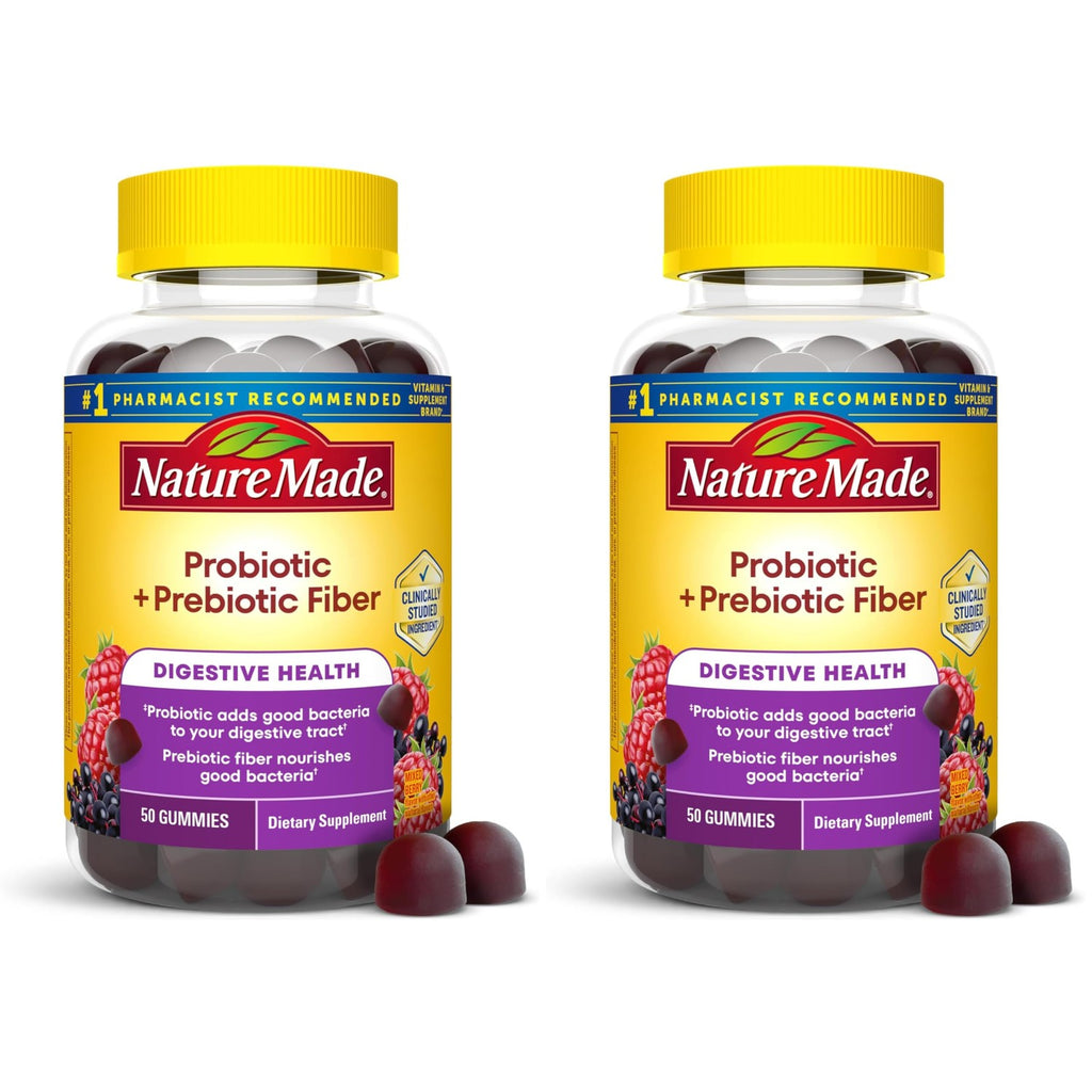 Nature Made Probiotic + Prebiotic Fiber Gummies, 50 Gummies | Fiber Supplement for Daily Gut Health, Prebiotics and Probiotics for Women and Men, Mixed Berry Flavor, 25 Day Supply