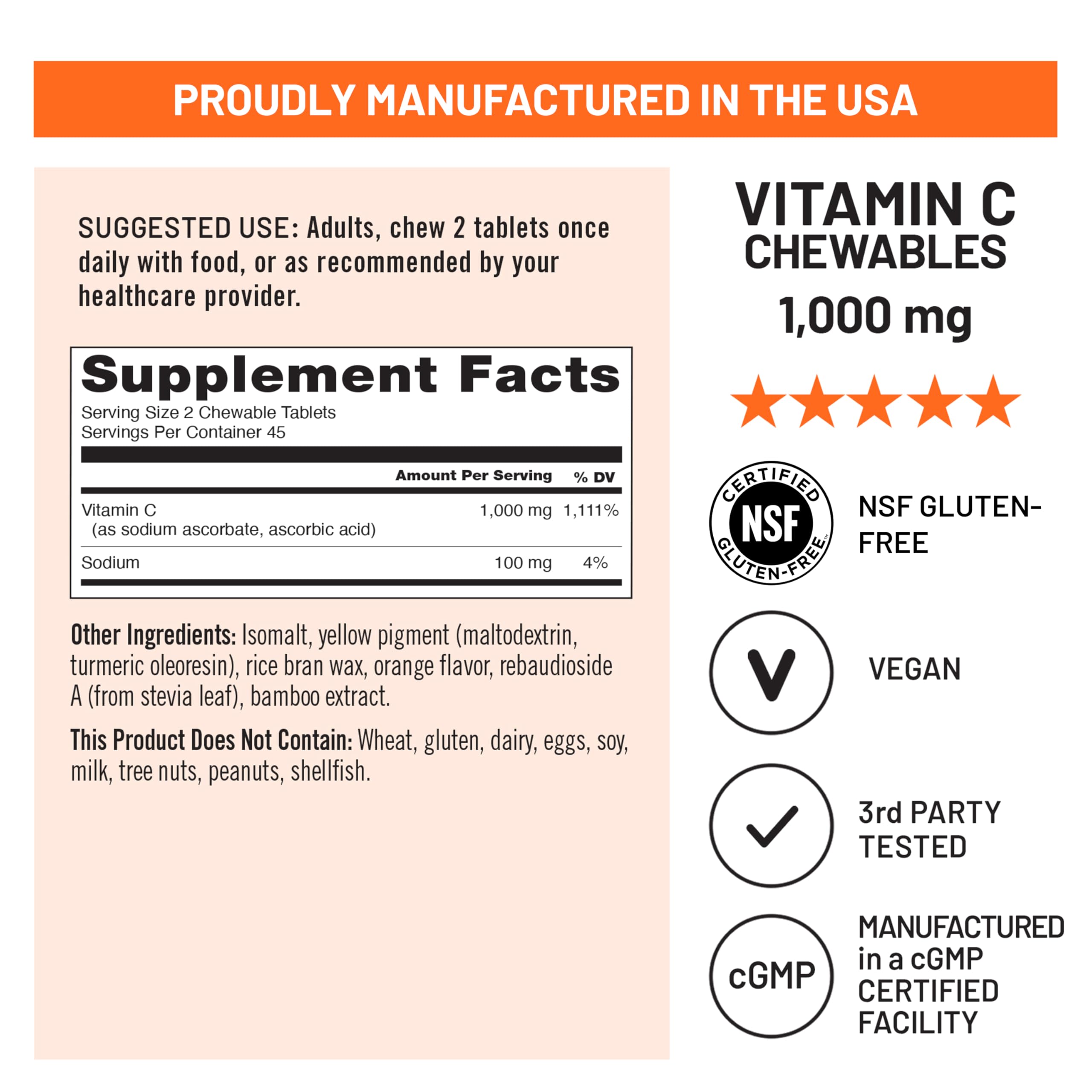 NatureWise Extra Strength Vitamin C Chewable 1000mg for Adults - Natural Orange Flavor - Immune System & Antioxidant Support - Non-GMO, Vegan & Sugar Free - 90 Chewable Tablets[45-Day Supply]