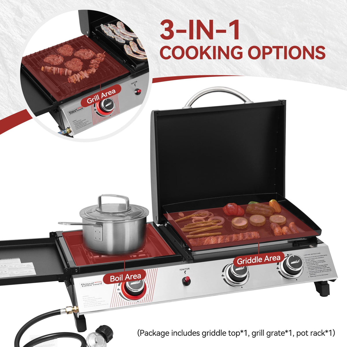 Royal Gourmet PD1305H 3-Burner Propane Gas Grill, Griddle Combo with Lid