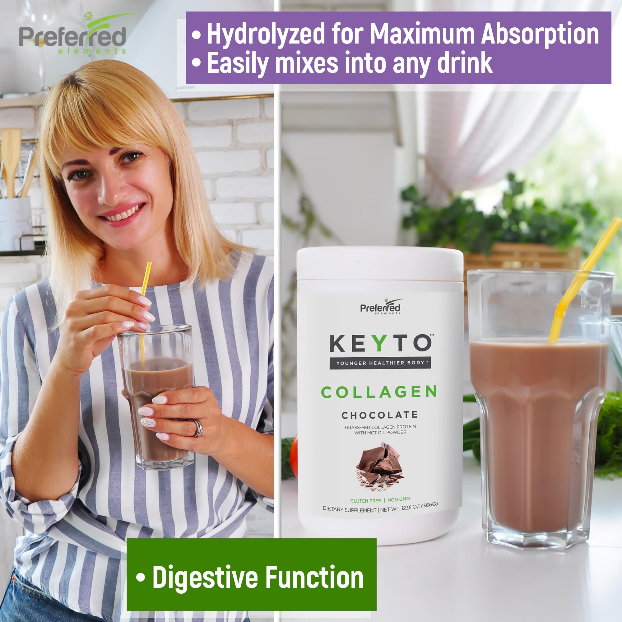 KEYTO Keto Collagen Protein with MCT Oil Powder - Chocolate | Grass Fed Pasture Raised Hydrolyzed Collagen Peptides, Keto, Paleo and Low Carb Friendly