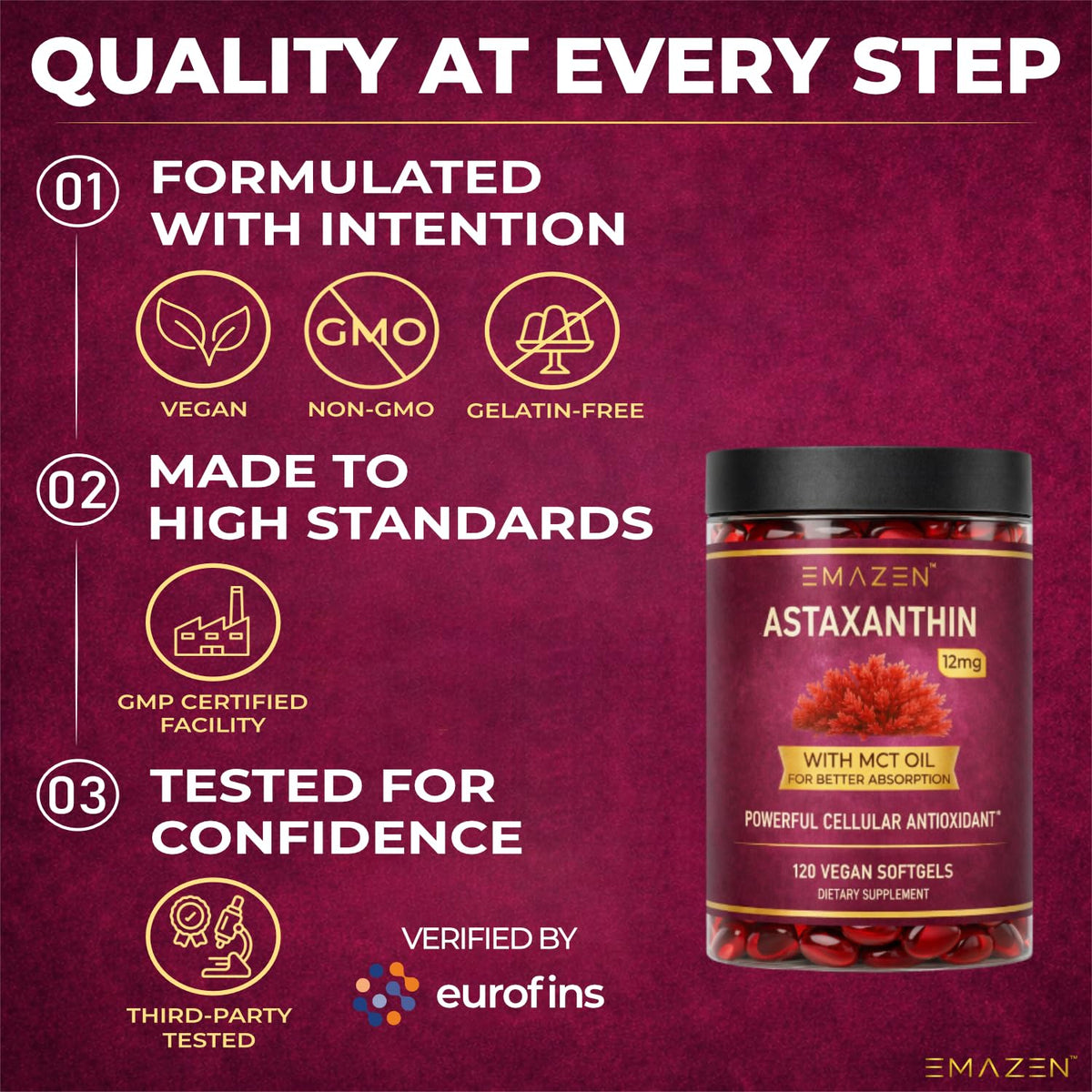 Astaxanthin 12mg MCT Coconut Oil, 120 Vegan Softgels, 4 Month Supply