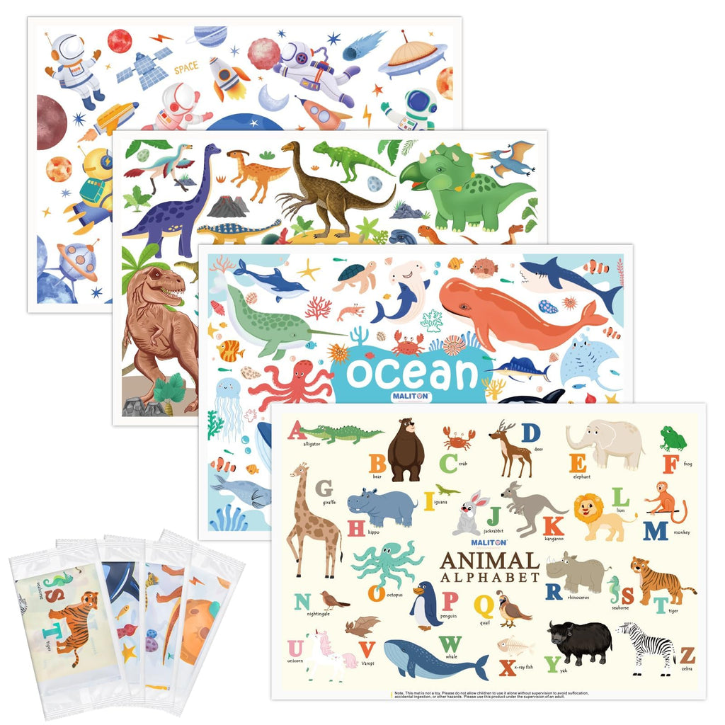 Disposable Placemats for Baby & Toddlers - Stick-On Table Mats for Restaurants, Travel With 4 Designs - Kids' Placemats (Individual Package)