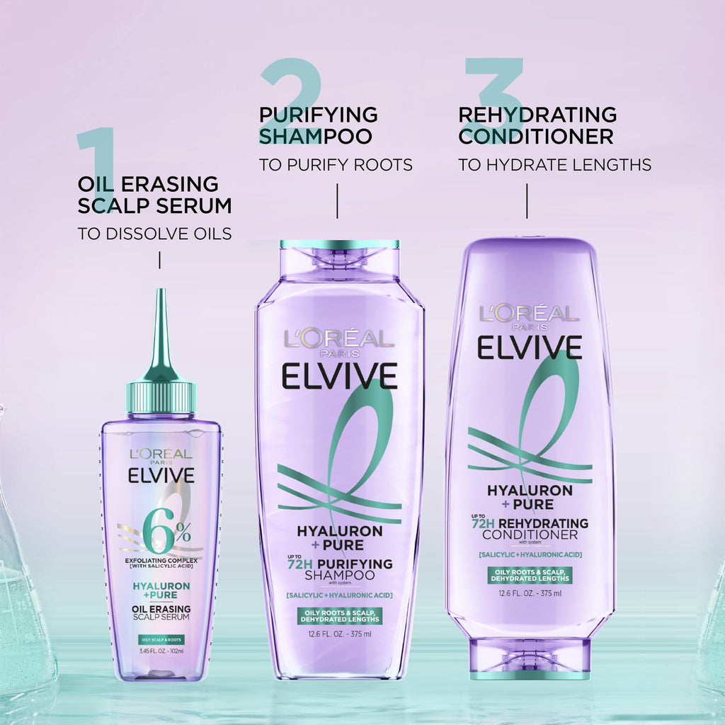 L'Oreal Paris Elvive Hyaluron + Pure 72H Purifying Shampoo for Oily Hair, Clarifying Shampoo with Salicylic Acid and Hyaluronic Acid, 28 Fl Oz