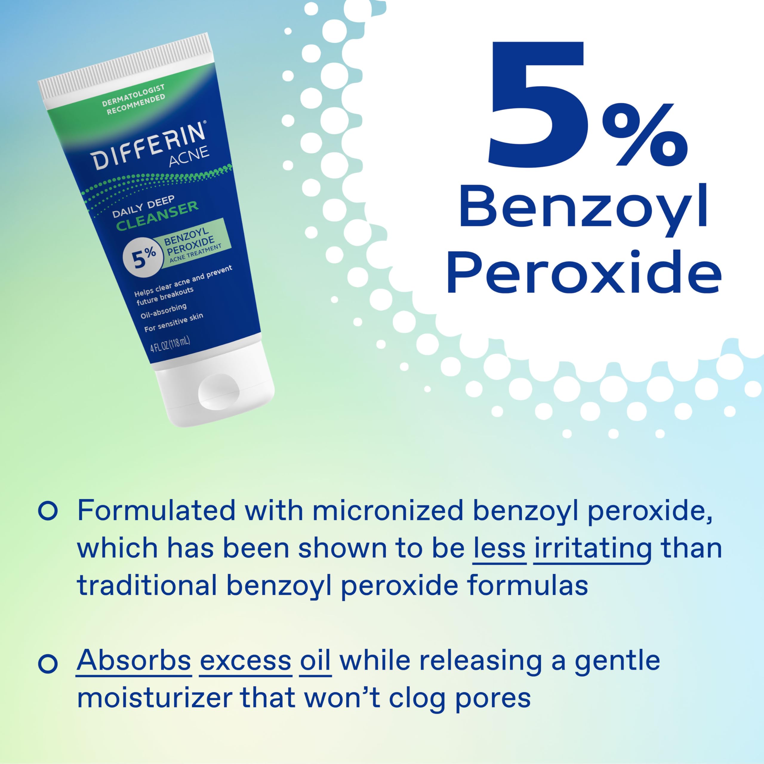 Differin Acne Face Wash, 5% Benzoyl Peroxide Daily Cleanser, 4oz | Gentle Acne Cleanser, Clears Breakouts, Sensitive Skin Safe, Benzoyl Peroxide Formula, Daily Use, 4 Oz