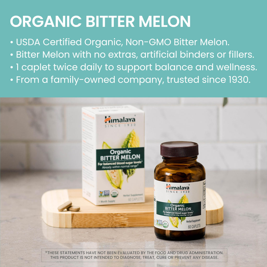 Himalaya USDA Organic Bitter Melon Capsules, 660 mg, 60 Caplets, 2 Pack | Herbal Gluocose Metabolism Support ,Bitter Melon Extract, - Non-GMO, Vegan, Gluten Free Additive Free, Clinically Studied