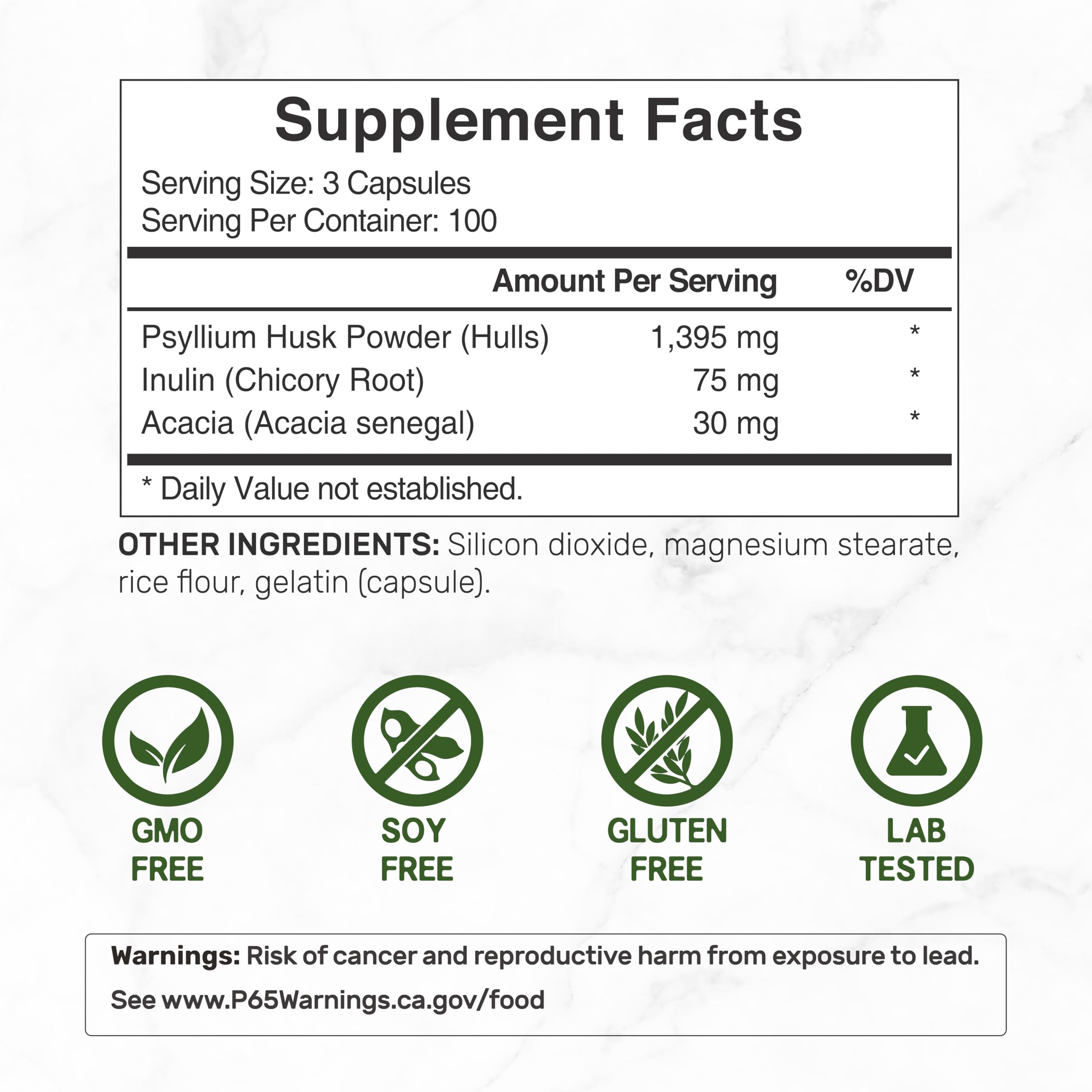 Psyllium Husk 1500mg Per Serving, 300 Capsules – 3 in 1 Fiber Supplement with Inulin & Acacia Complex – Natural Soluble Fiber, Supports Digestive Health* – Plant Based, Non-GMO
