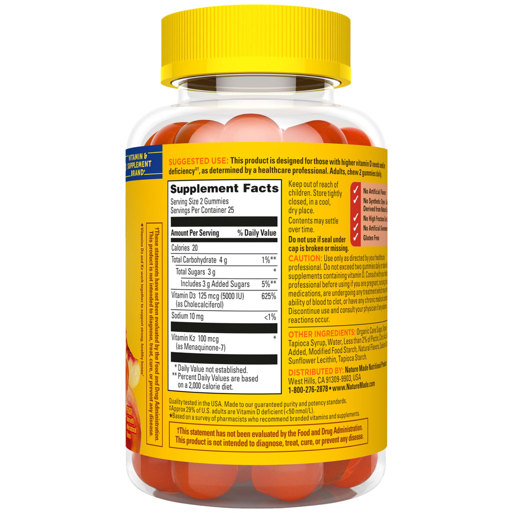 Nature Made Vitamin D3 K2 Gummies, 50 Gummy Vitamins | Vitamin D 5000 IU per Serving for Immune, Bone, Teeth and Muscle Health Support, Peach Flavor, 25 Day Supply