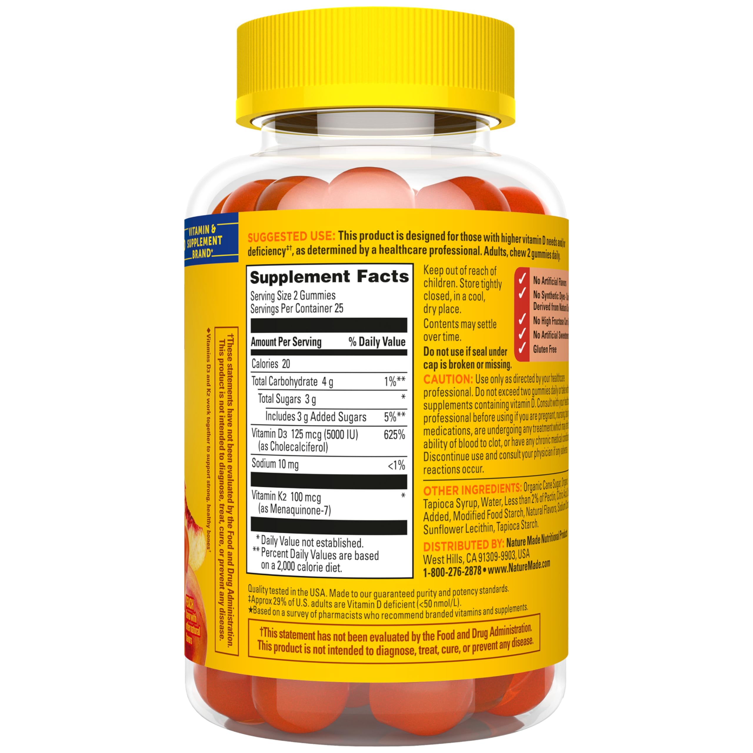 Nature Made Vitamin D3 K2 Gummies, 50 Gummy Vitamins | Vitamin D 5000 IU per Serving for Immune, Bone, Teeth and Muscle Health Support, Peach Flavor, 25 Day Supply