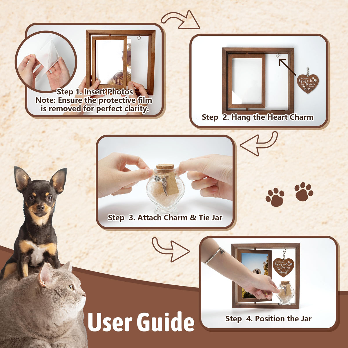 Dog Memorial Gifts for Loss of Pet - Rotating Wooden Frame for 4x6 Photo & Fur Hair Jar - Sympathy Gift for Pet Bereavement, Remembrance Keepsake - Rainbow Bridge Gift for Dog Lovers & Cat Lovers