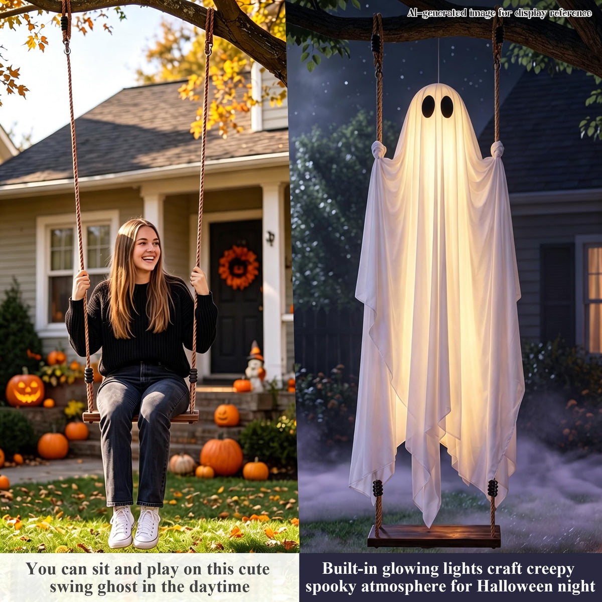 Halloween Decorations Outdoor, 5 FT Hanging Swing Ghost with String Lights, Light Up Large Spooky Cute Decor Kit, Scary Party Decoration for Outside, Garden, Yard, Lawn, Home