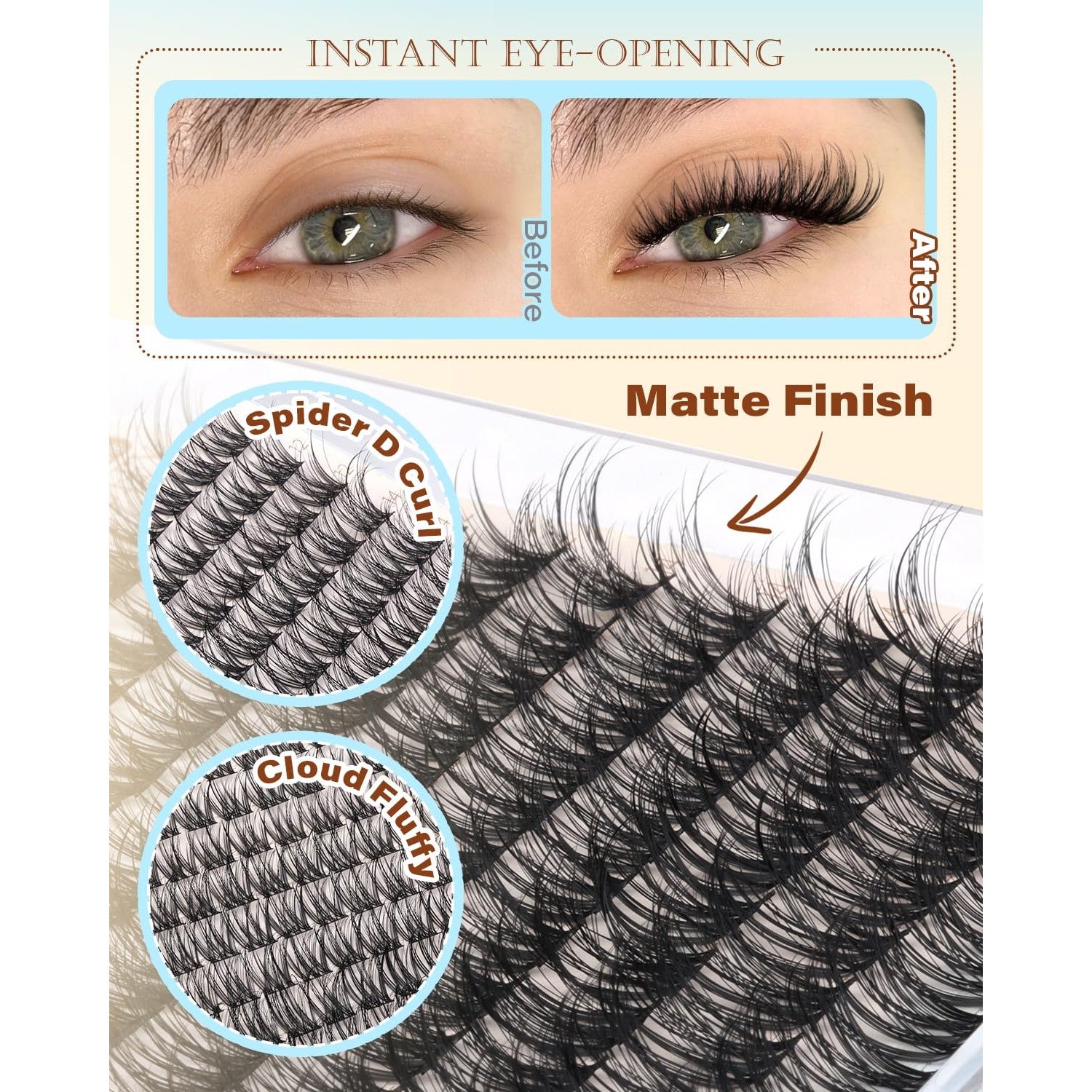 PHKERATA Spider Lash Clusters Natural Eyelash Clusters, Fluffy D Curl Cluster Eyelash Extensions, 12-14-16mm Wispy Individual Lashes with Soft Thin Band