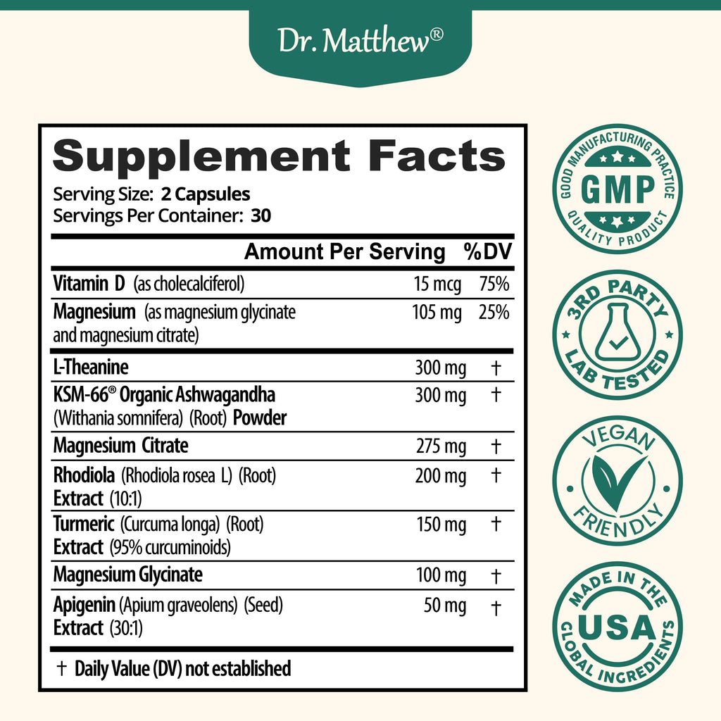 Cortisol Reducer & Adrenal Support Supplement–Natural Stress Relief with Ashwagandha KSM-66, Magnesium Glycinate & Citrate, L-Theanine, Rhodiola, Apigenin, Turmeric & Vitamin D3–Calm Mood & Relaxation