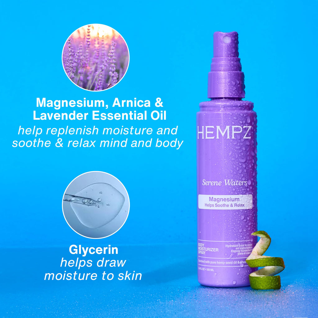 Hempz Magnesium Body Spray, Serene Waters, 3.4 fl.oz. | Soothing and Hydrating Moisturizer Mist with Arnica