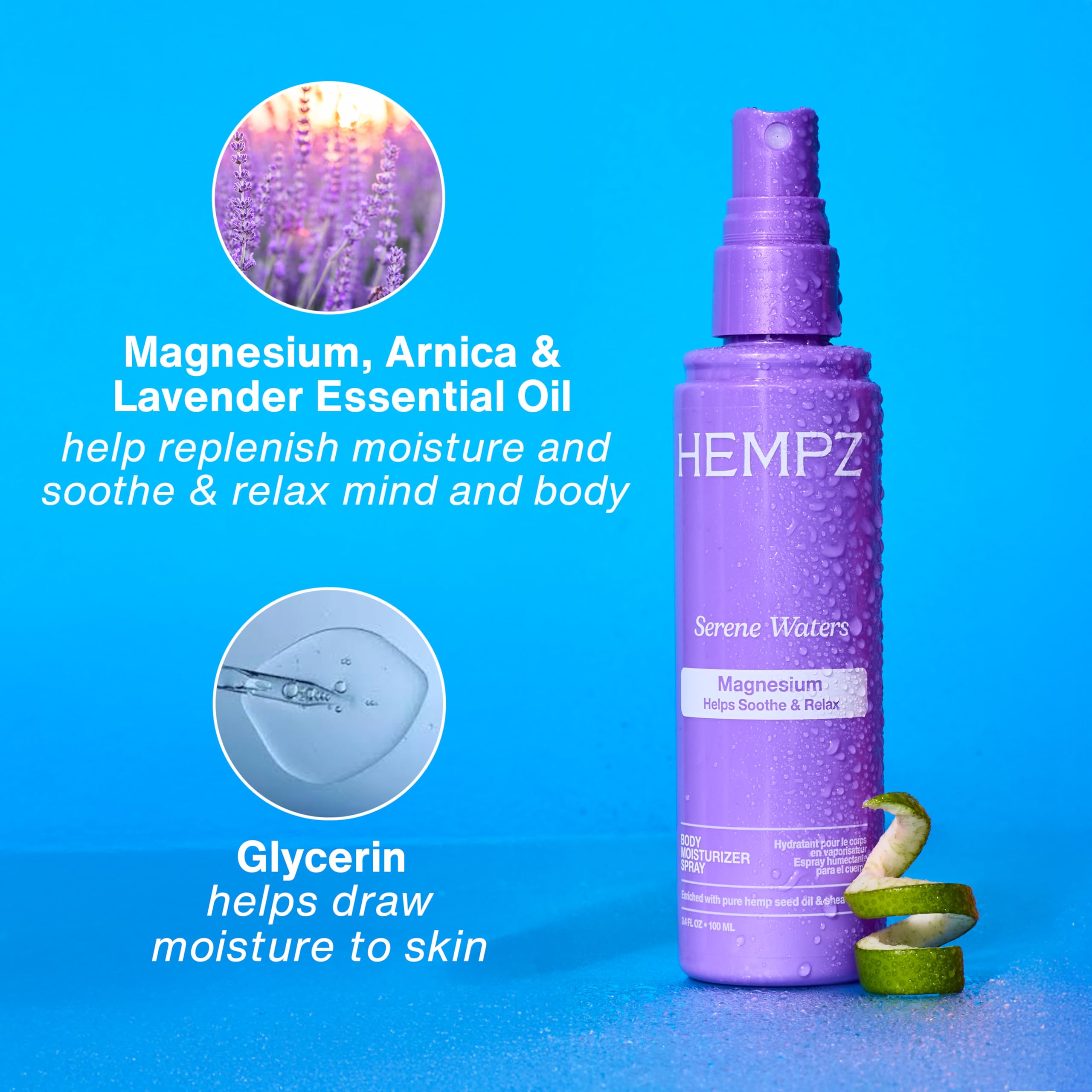 Hempz Magnesium Body Spray, Serene Waters, 3.4 fl.oz. | Soothing and Hydrating Moisturizer Mist with Arnica