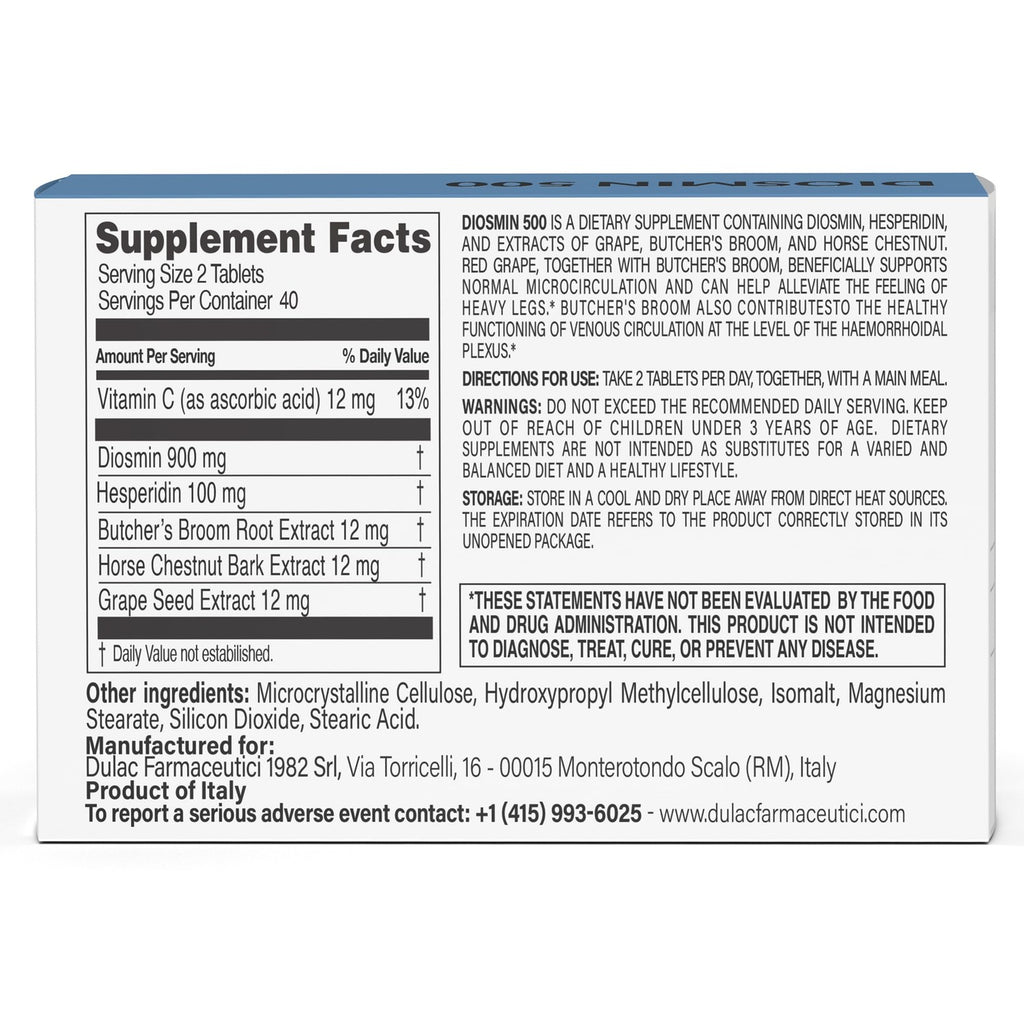 Dulac - Diosmin 500, Dietary Supplement for Leg Circulation, 80 Tablets | With Diosmin Hesperidin, Horse Chestnut, Butcher’s Broom and Red Grape Extract, Made in Italy