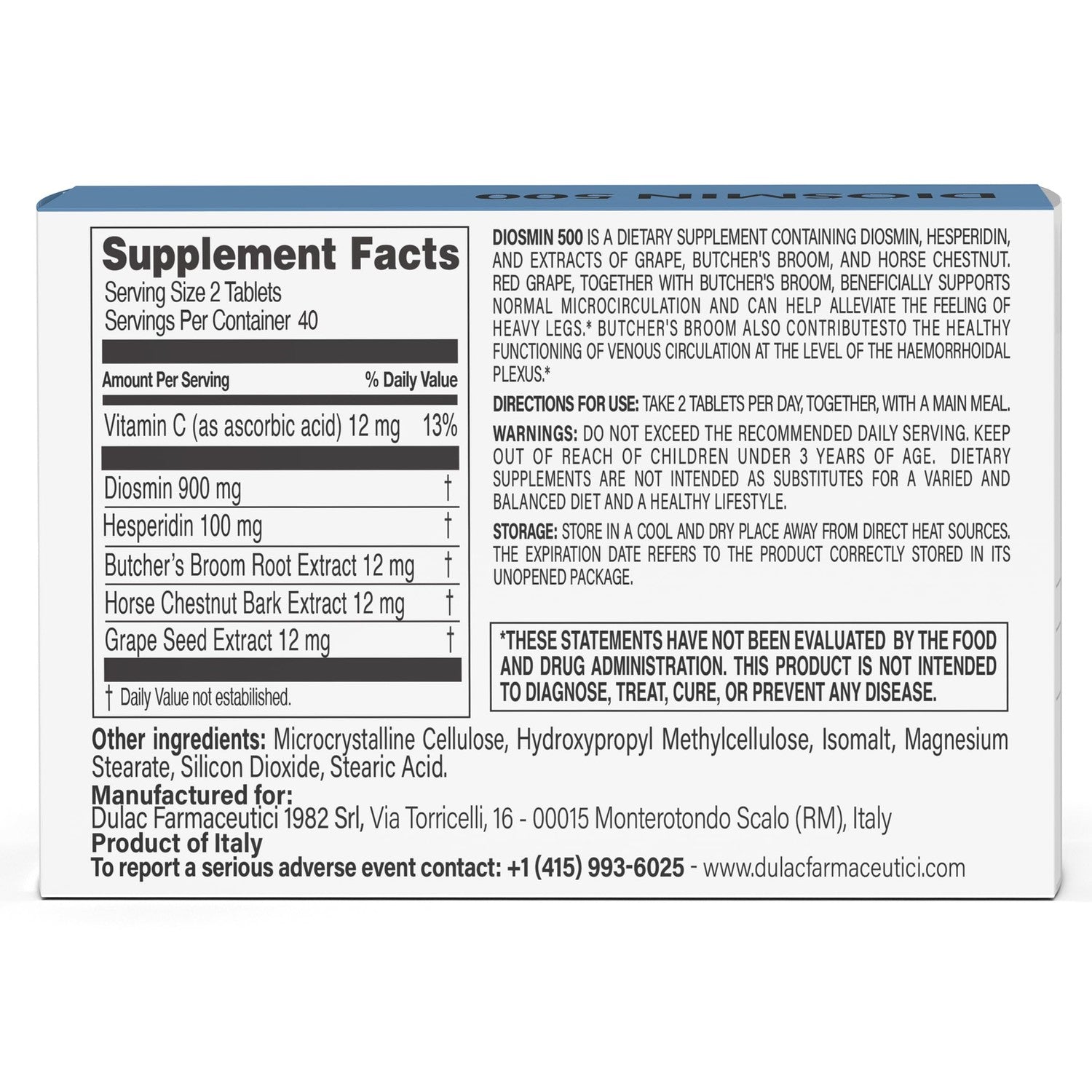 Dulac - Diosmin 500, Dietary Supplement for Leg Circulation, 80 Tablets | With Diosmin Hesperidin, Horse Chestnut, Butcher’s Broom and Red Grape Extract, Made in Italy