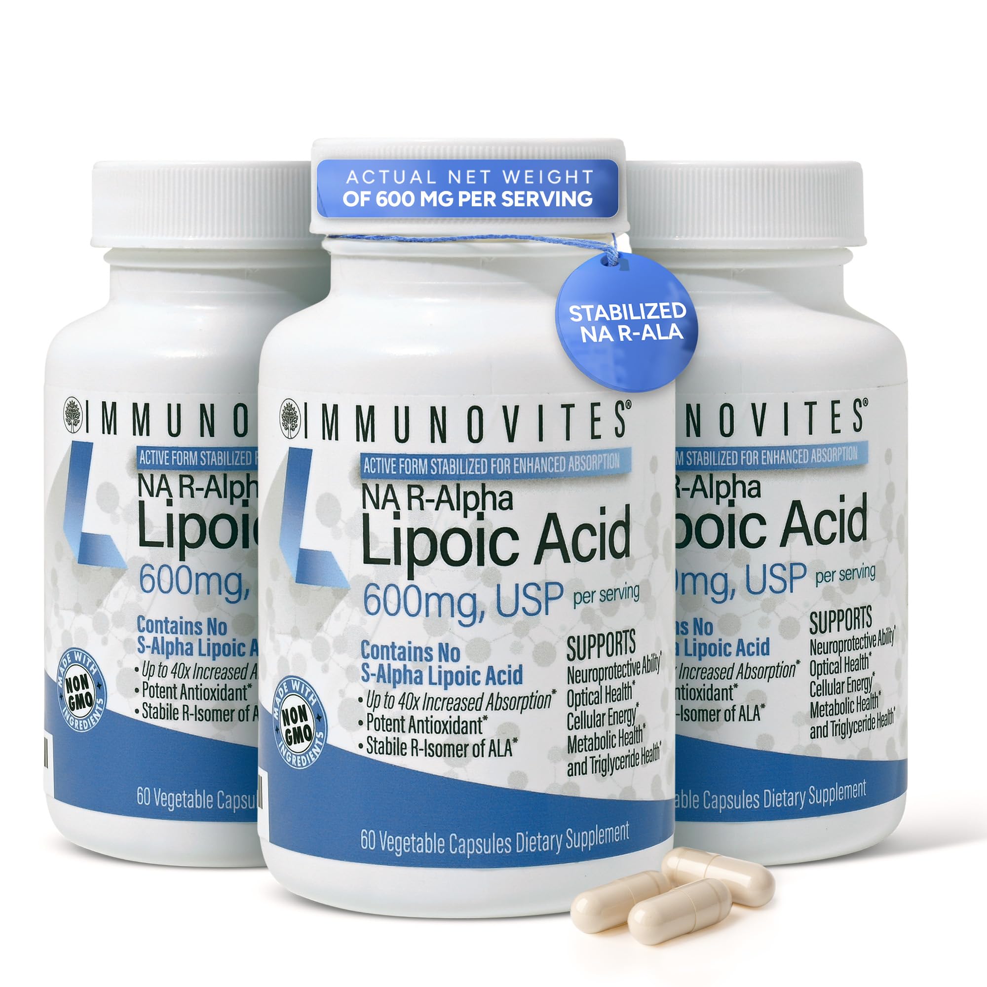 IMMUNOVITES Stabilized R-Alpha Lipoic Acid ((True)) 600mg per Serving [[High Potency & up to 40x Increased Absorption]] (Na R-ALA) (Na R-LA) (Na R-Lipoate) (1 Bottle)