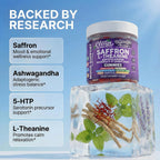 AuraZen Mood Support Saffron Gummies L-Theanine Ashwagandha Rhodiola St John's Wort Lions Mane GABA Vitamin D Magnesium Supplement | Calm Vegan Plant-Based Herbal Gummy By Clean Nutra