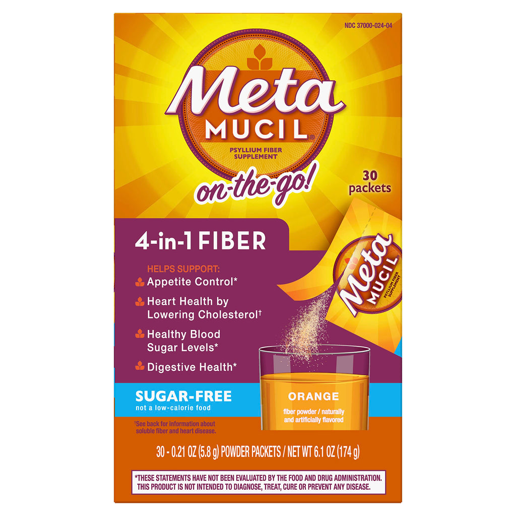 Metamucil On-The-Go, Psyllium Husk Fiber Supplement, 4-in-1 Fiber for Digestive Health, Sugar Free, Orange Flavor, 30 Count x 2 Packs (60 Count Total)