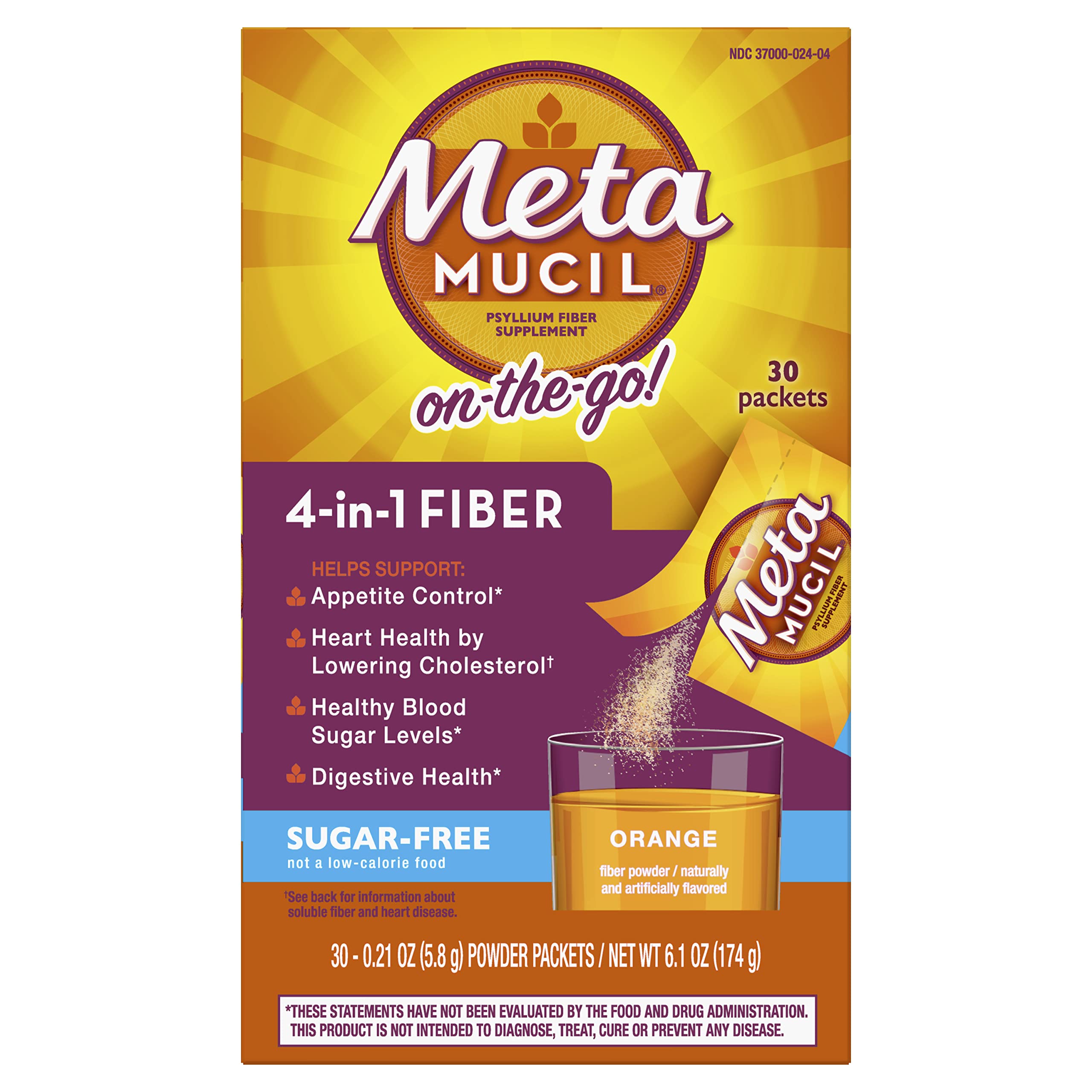 Metamucil On-The-Go, Psyllium Husk Fiber Supplement, 4-in-1 Fiber for Digestive Health, Sugar Free, Orange Flavor, 30 Count x 2 Packs (60 Count Total)