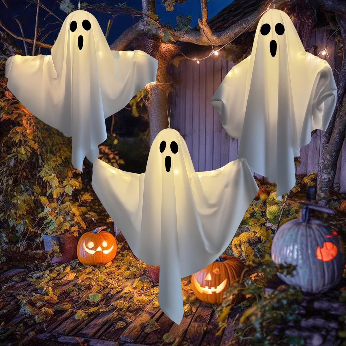 3 Pack Light Up Hanging Ghosts Halloween Decorations, 22.5" White Hanging Ghost Decor for Outdoor Yard Porch Patio Garden, Battery Operated Halloween Party Decorations