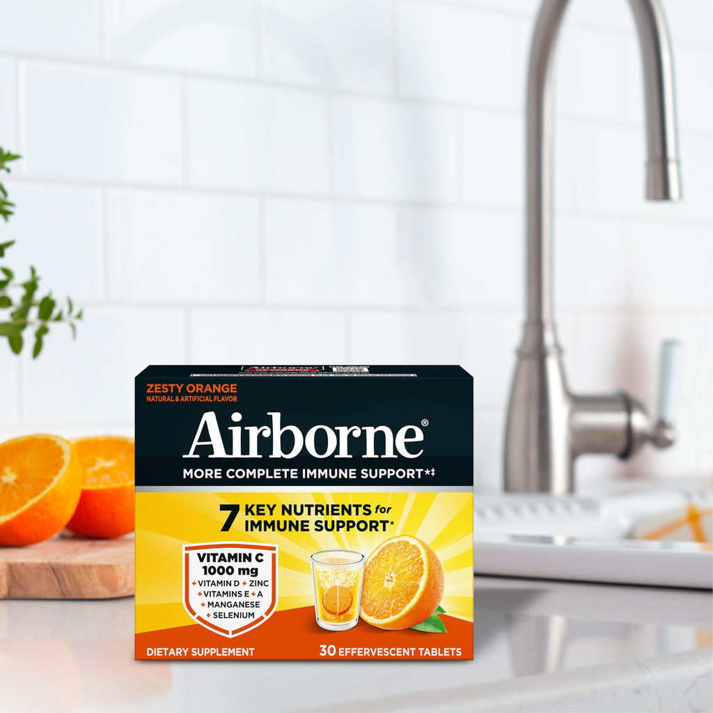 Airborne Immune Support Effervescent Tablets, Zesty Orange Flavor - 30ct with 1000mg Vitamin C + Vitamins A, D, E, Zinc, Selenium, Manganese & Herbal Blend - Sugar‑Free, Gluten‑Free
