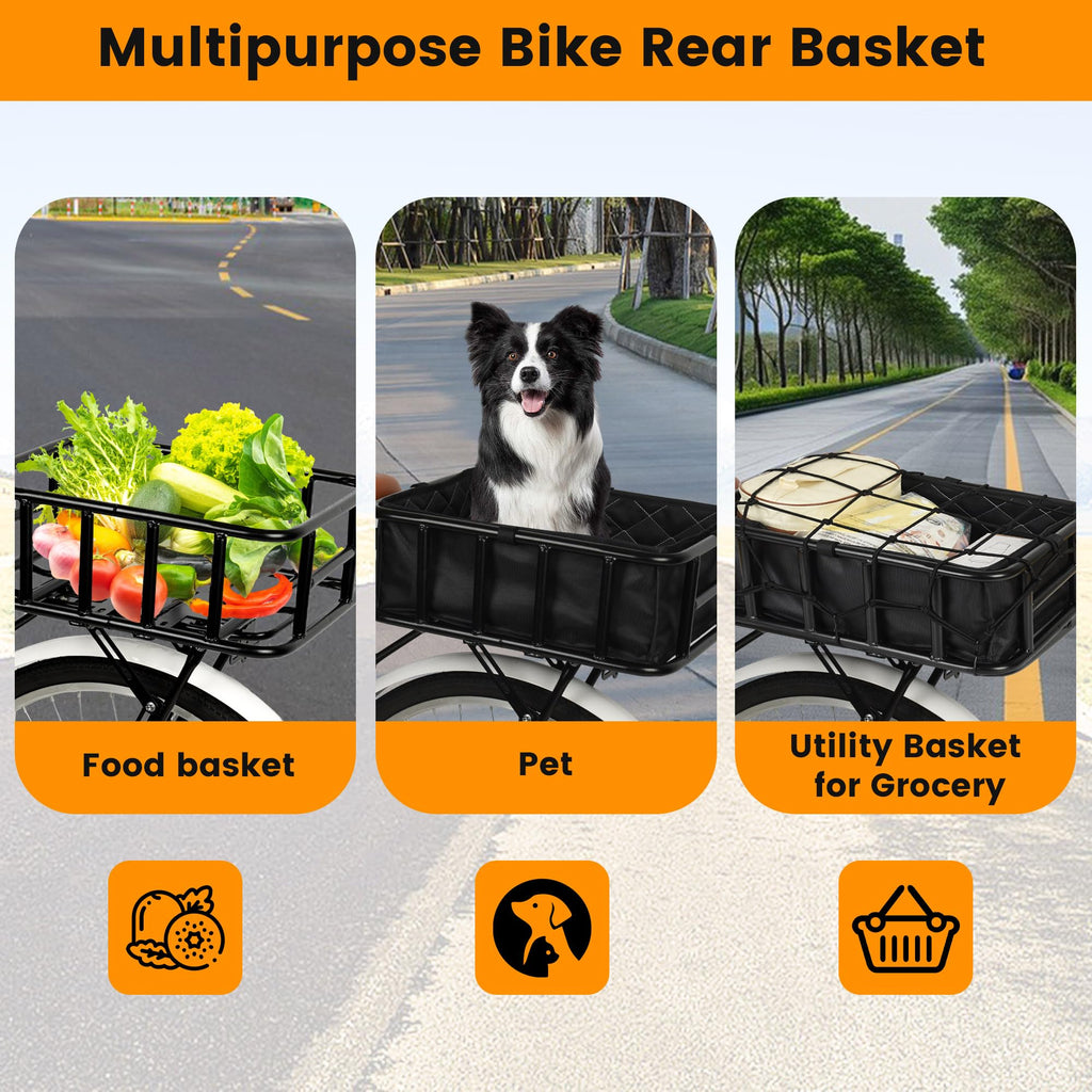 Bike Basket Rear, Large Bicycle Basket with Cargo Net, Liner and Waterproof Cover for Electirc Bike, Ebike and Bikes, Large Capacity Wire Bakset
