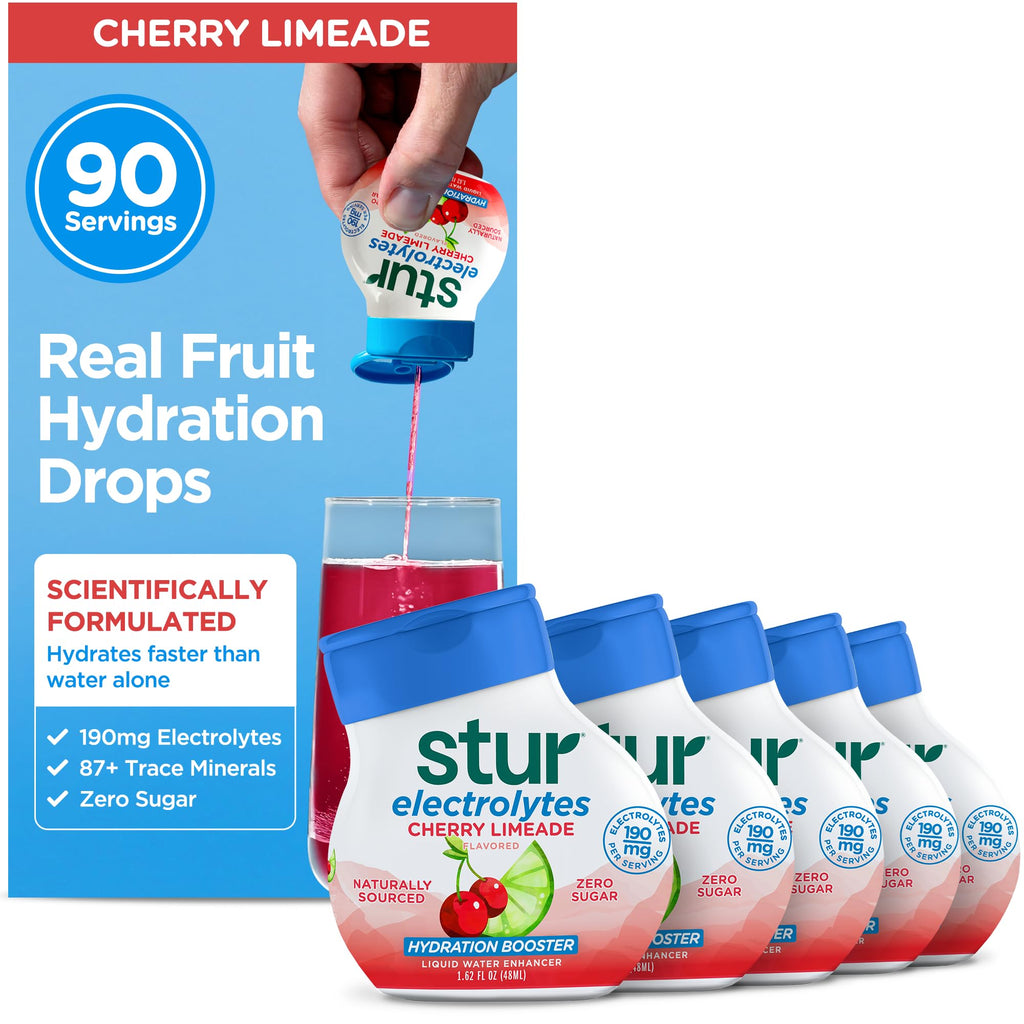 Stur Electrolyte Water Enhancer | Sweetened with Stevia | High in Antioxidant Vitamin C | Sugar Free | Zero Calories | Keto | Vegan | 5 Bottles, Makes 90 Drinks (Cherry Limeade)