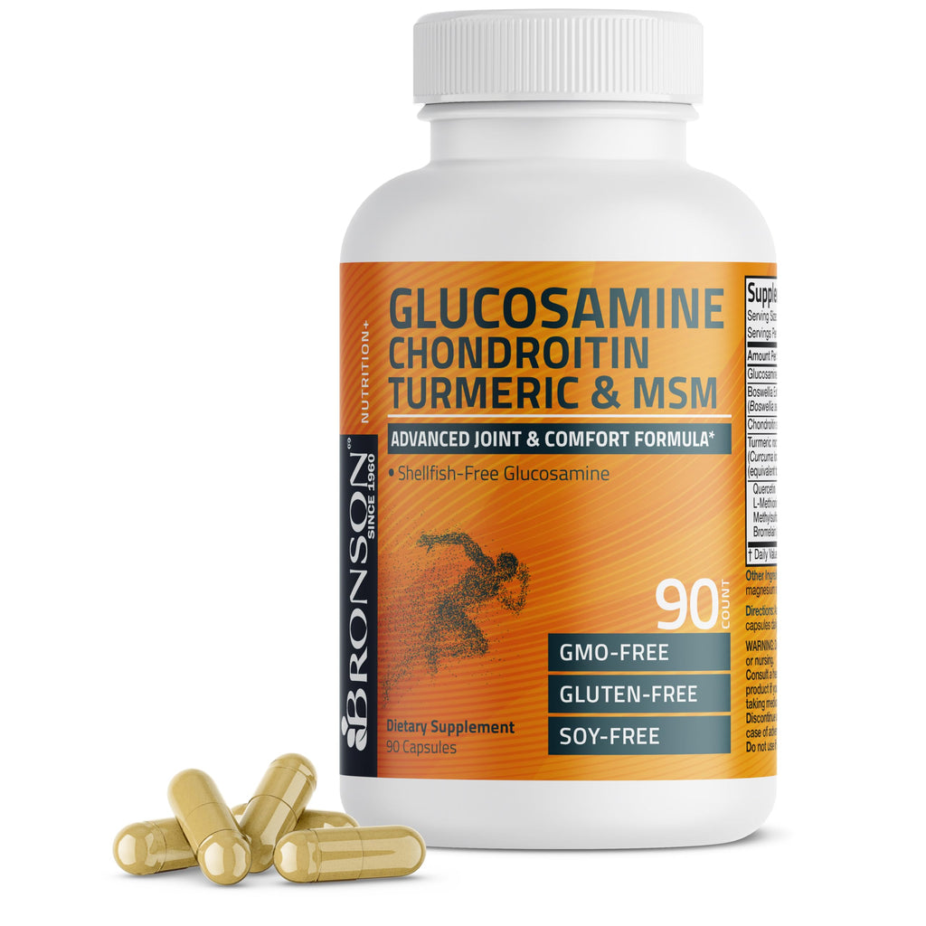Bronson Glucosamine Chondroitin Turmeric & MSM Joint Support, 60 Capsules | Standardized Boswellia, Shellfish-Free Glucosamine, Mobility & Comfort Support, Non-GMO, Gluten-Free & Soy-Free