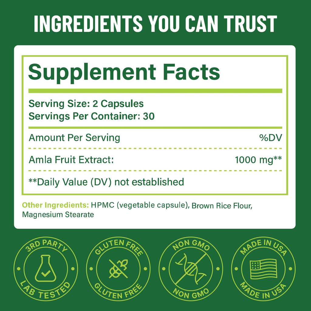Organic Amla Capsules 1000mg – Indian Gooseberry Supplement for Antioxidant Support, Digestive Health & Natural Energy – Organic Amla Fruit Powder, 60 Capsules