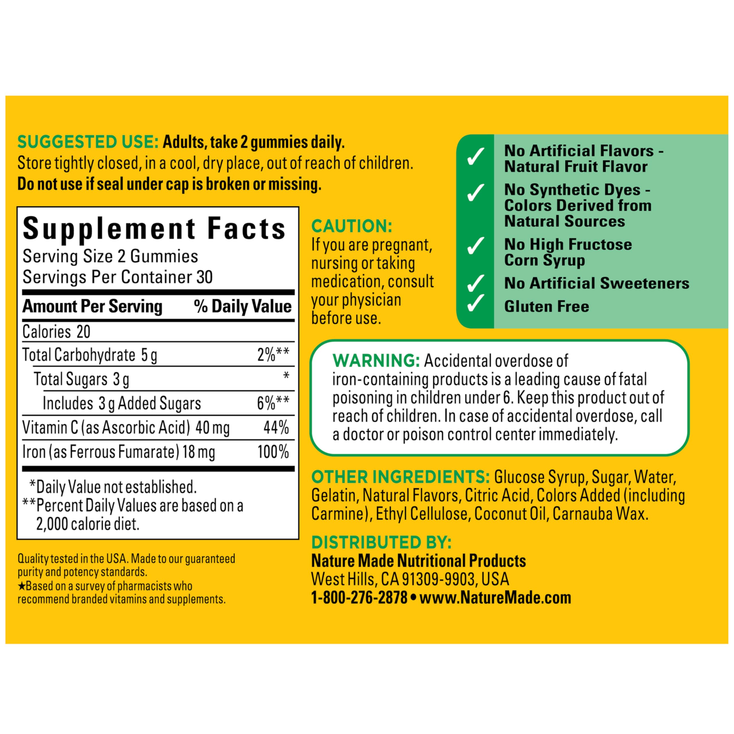 Nature Made Iron 18 mg per Serving Gummies with Vitamin C, 60 Gummies | Iron Supplement for Red Blood Cell Support, Vitamin C Helps with Iron Absorption, Raspberry Flavor, 30 Day Supply